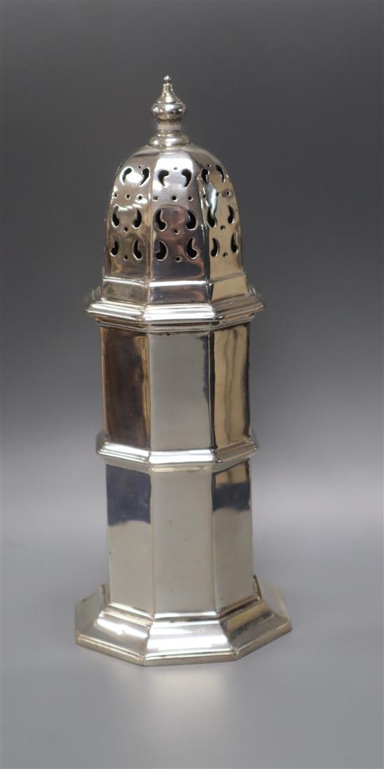 A George V octagonal silver lighthouse caster, marks rubbed, 17.5cm, 5oz.